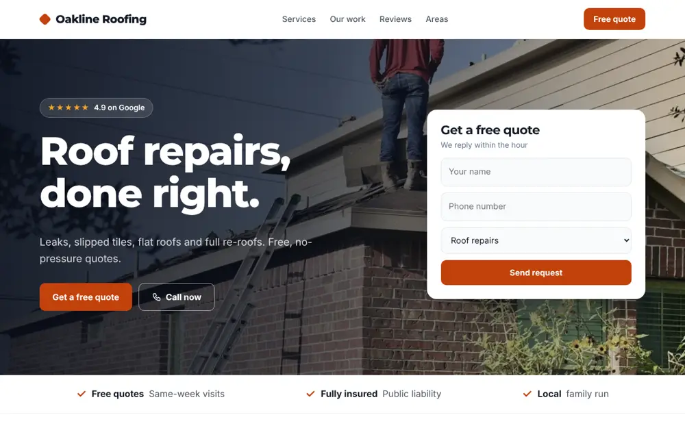 Example roofing website by Highbeam Web